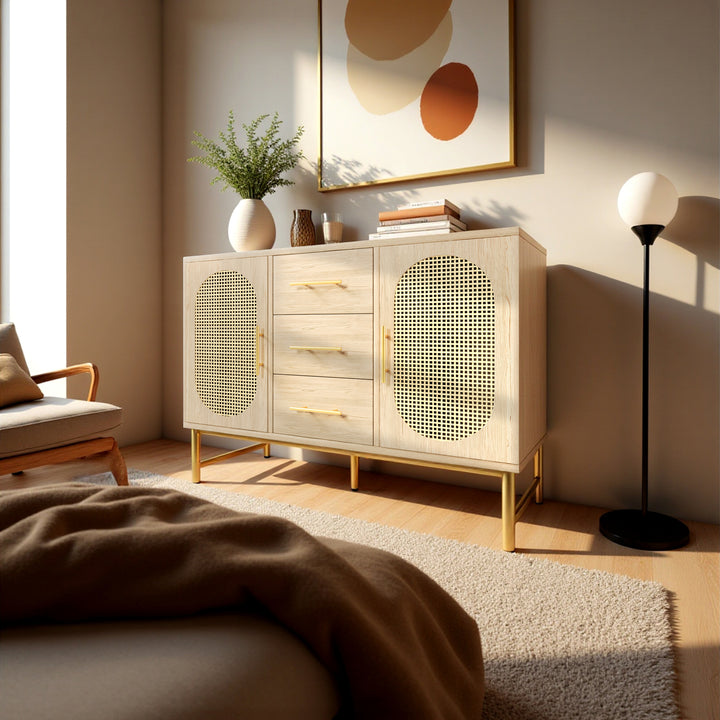 Faux rattan wood aspect sideboard 2 doors 3 drawers 120x40x74cm VIGOIH UK