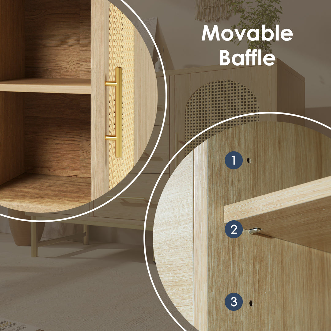 Faux rattan wood aspect sideboard 2 doors 3 drawers 120x40x74cm VIGOIH UK