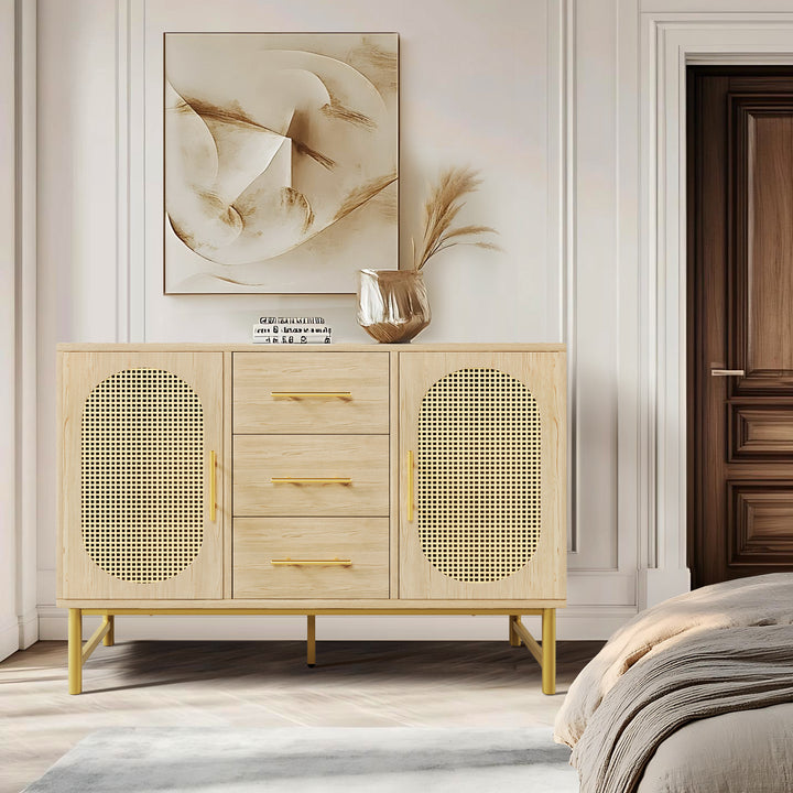 Faux rattan wood aspect sideboard 2 doors 3 drawers 120x40x74cm VIGOIH UK