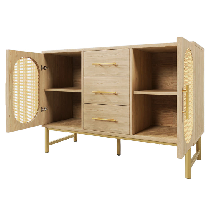 Faux rattan wood aspect sideboard 2 doors 3 drawers 120x40x74cm VIGOIH UK