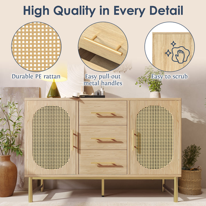 Faux rattan wood aspect sideboard 2 doors 3 drawers 120x40x74cm VIGOIH UK