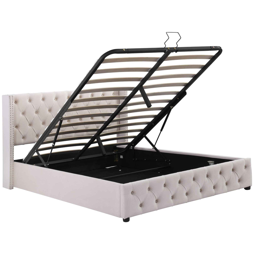 Upholstered velvet beige double bed lift-up storage VRARGOKS BEIGE UK
