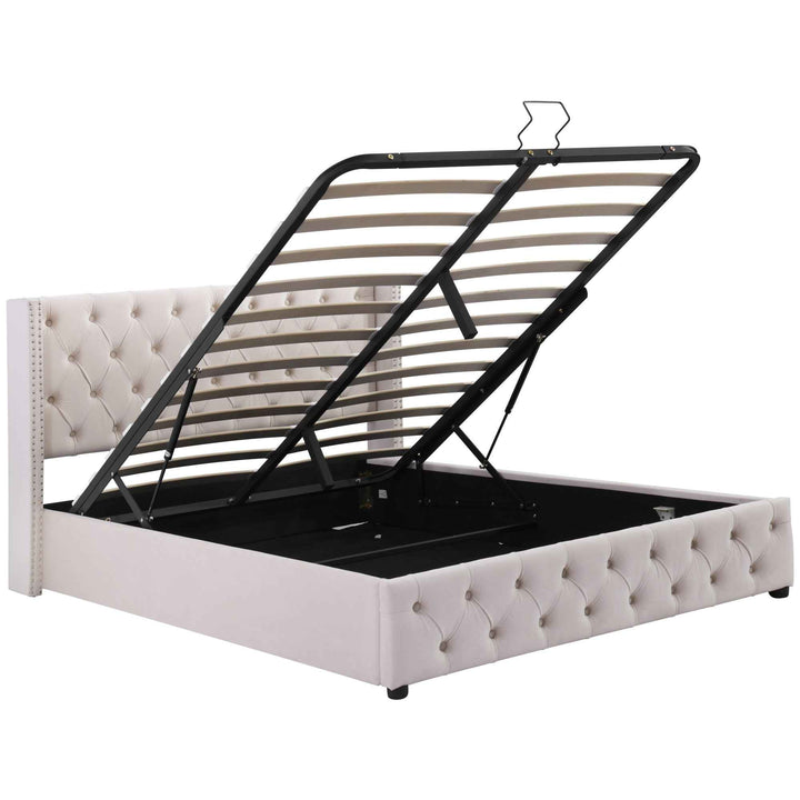 Upholstered velvet beige double bed lift-up storage VRARGOKS BEIGE UK