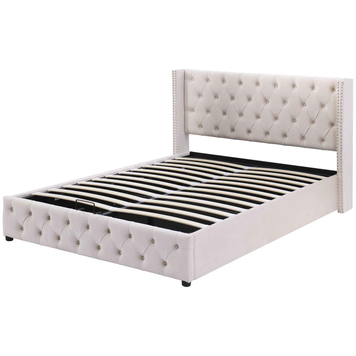 Upholstered velvet beige double bed lift-up storage VRARGOKS BEIGE UK