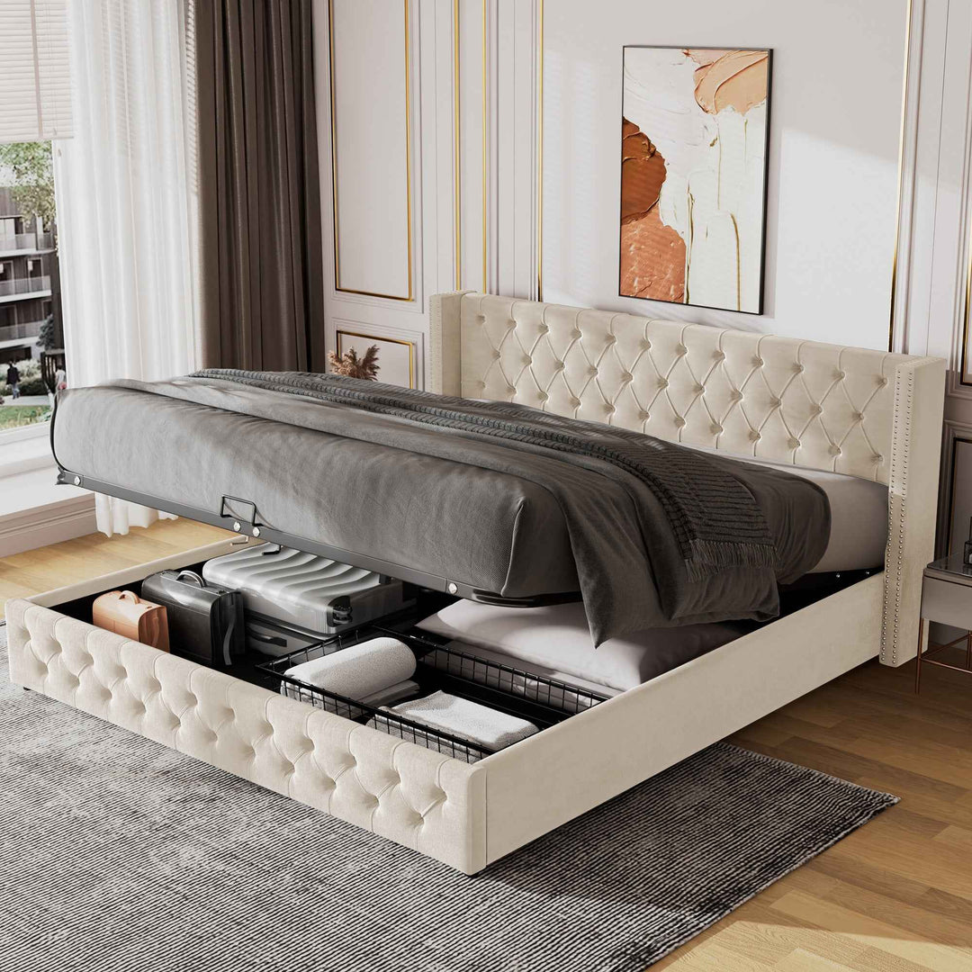 Upholstered velvet beige double bed lift-up storage VRARGOKS BEIGE UK