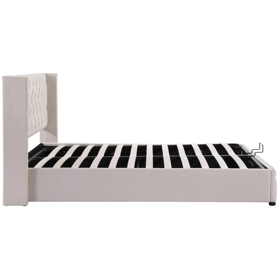 Upholstered velvet beige double bed lift-up storage VRARGOKS BEIGE UK