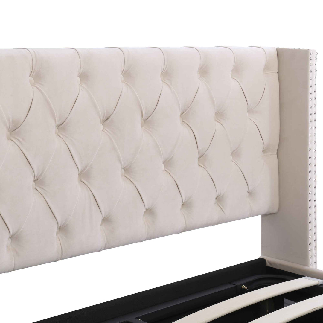 Upholstered velvet beige double bed lift-up storage VRARGOKS BEIGE UK