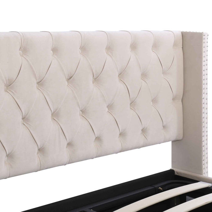 Upholstered velvet beige double bed lift-up storage VRARGOKS BEIGE UK