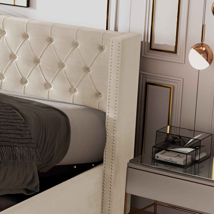 Upholstered velvet beige double bed lift-up storage VRARGOKS BEIGE UK
