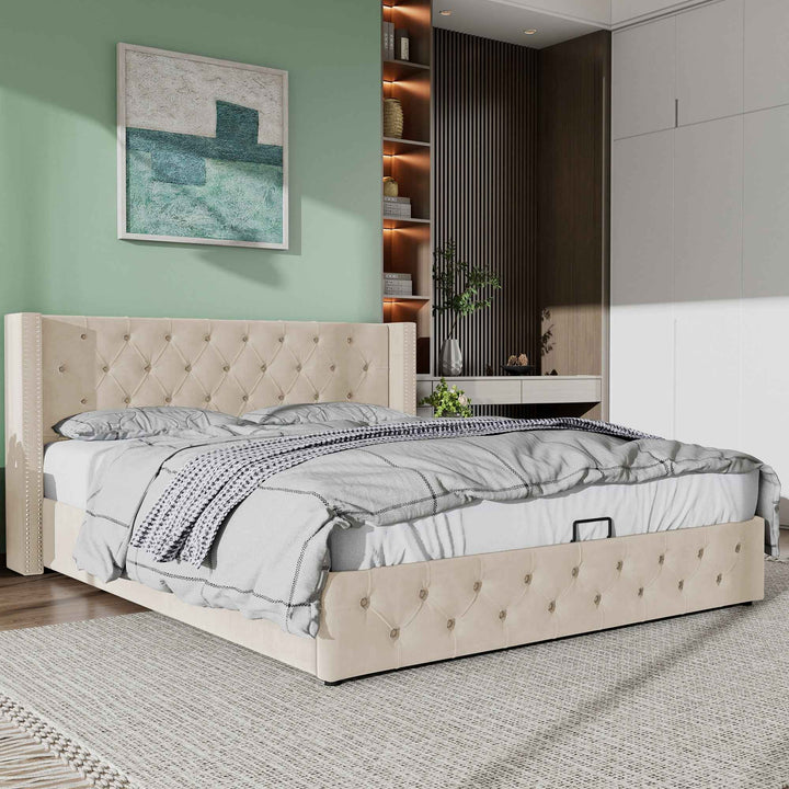 Upholstered velvet beige double bed lift-up storage VRARGOKS BEIGE UK