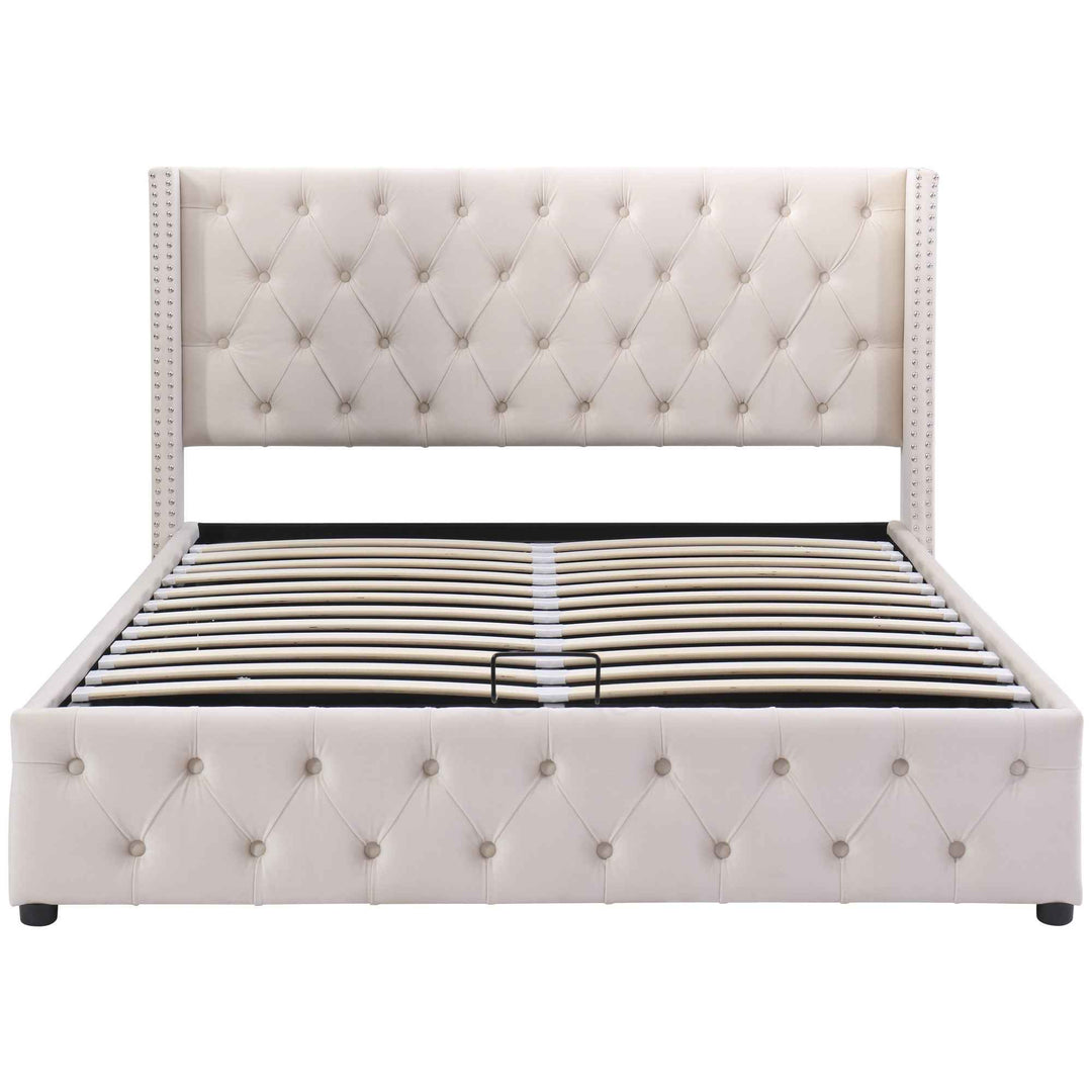 Upholstered velvet beige double bed lift-up storage VRARGOKS BEIGE UK