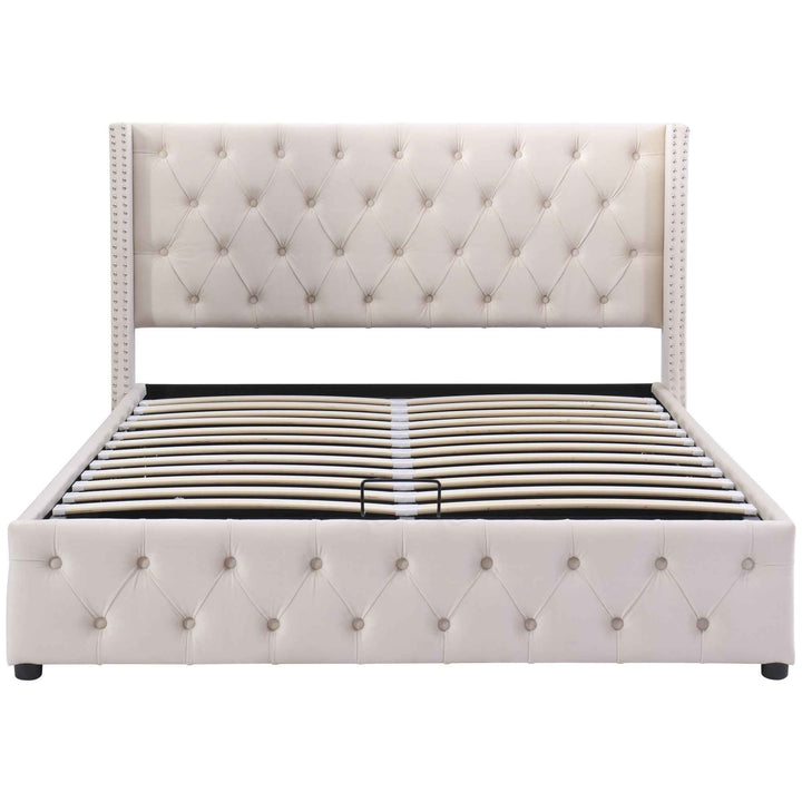 Upholstered velvet beige double bed lift-up storage VRARGOKS BEIGE UK