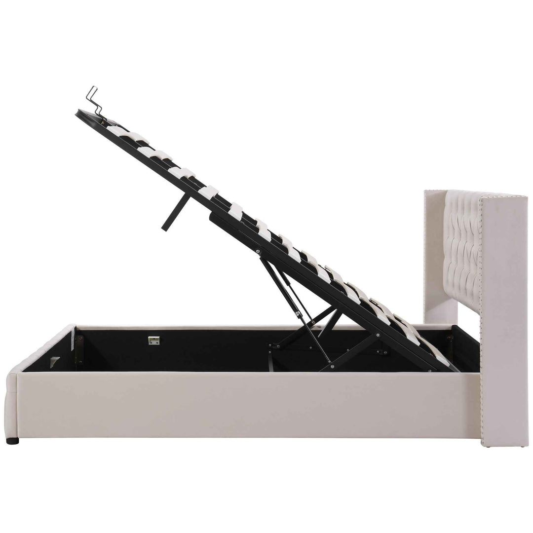 Upholstered velvet beige double bed lift-up storage VRARGOKS BEIGE UK