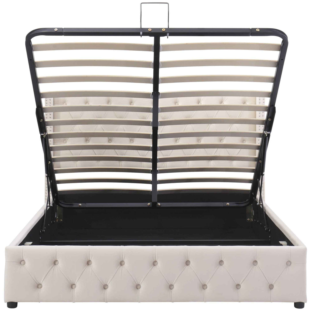 Upholstered velvet beige double bed lift-up storage VRARGOKS BEIGE UK