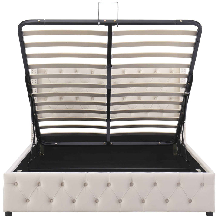Upholstered velvet beige double bed lift-up storage VRARGOKS BEIGE UK