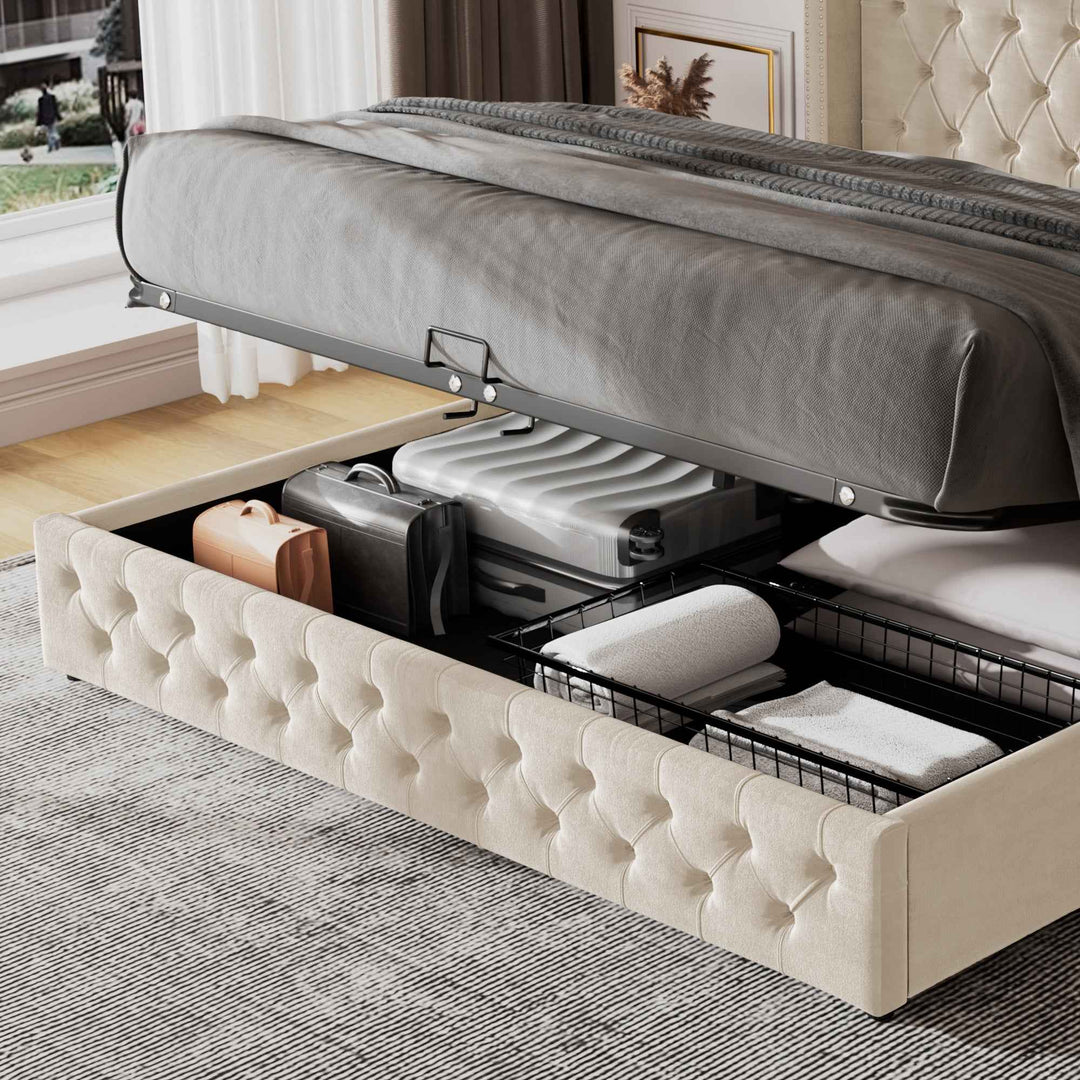 Upholstered velvet beige double bed lift-up storage VRARGOKS BEIGE UK