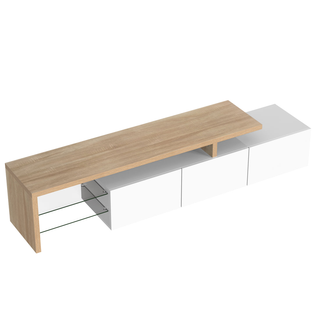 White modern LED TV stand with glass shelf & storage VROKEL UK