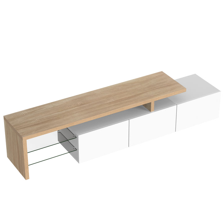 White modern LED TV stand with glass shelf & storage VROKEL UK