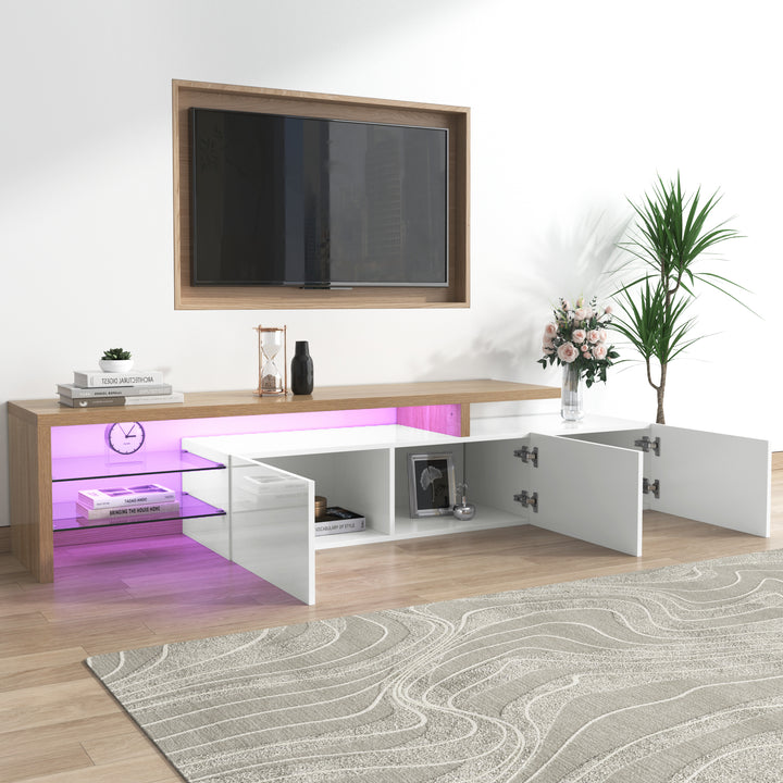 White modern LED TV stand with glass shelf & storage VROKEL UK