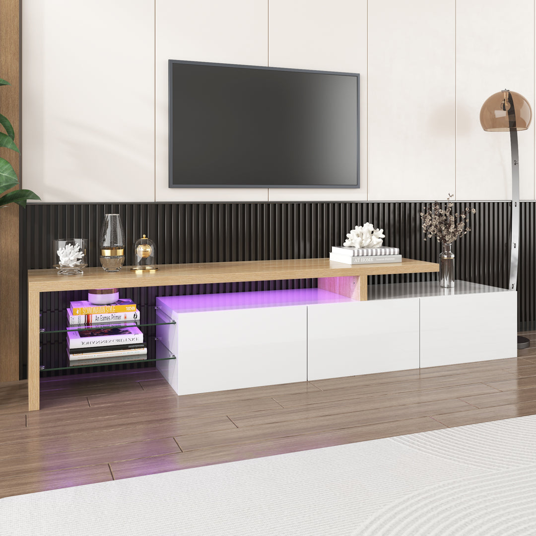 White modern LED TV stand with glass shelf & storage VROKEL UK