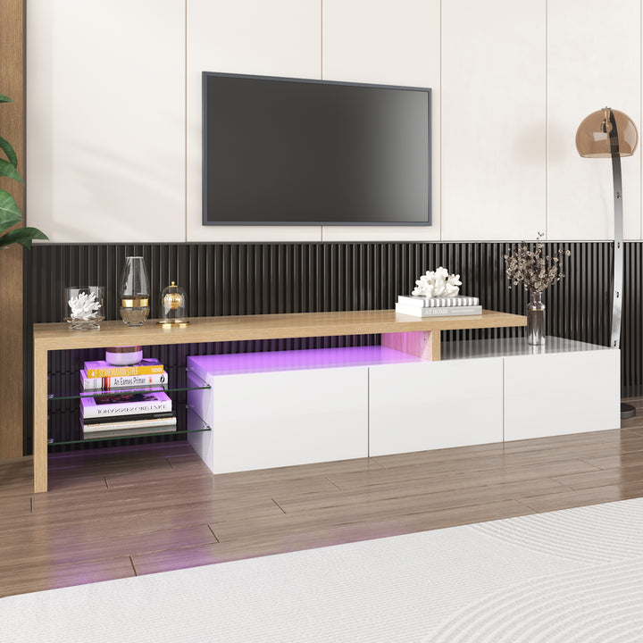 White modern LED TV stand with glass shelf & storage VROKEL UK
