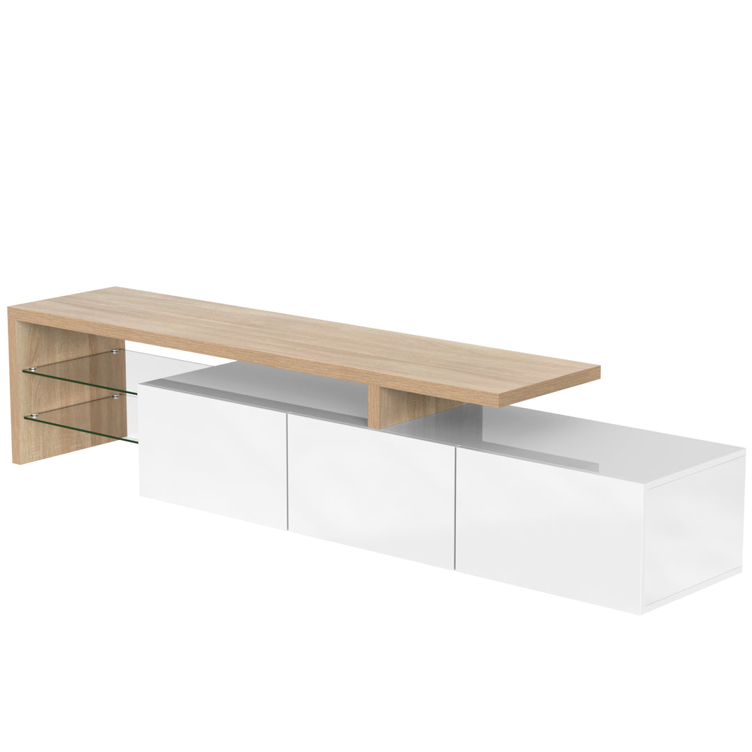 White modern LED TV stand with glass shelf & storage VROKEL UK
