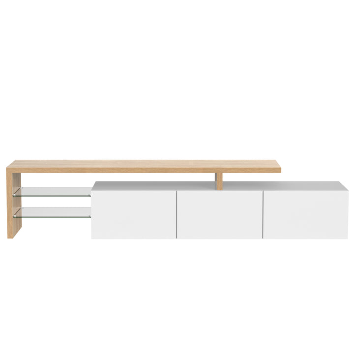 White modern LED TV stand with glass shelf & storage VROKEL UK