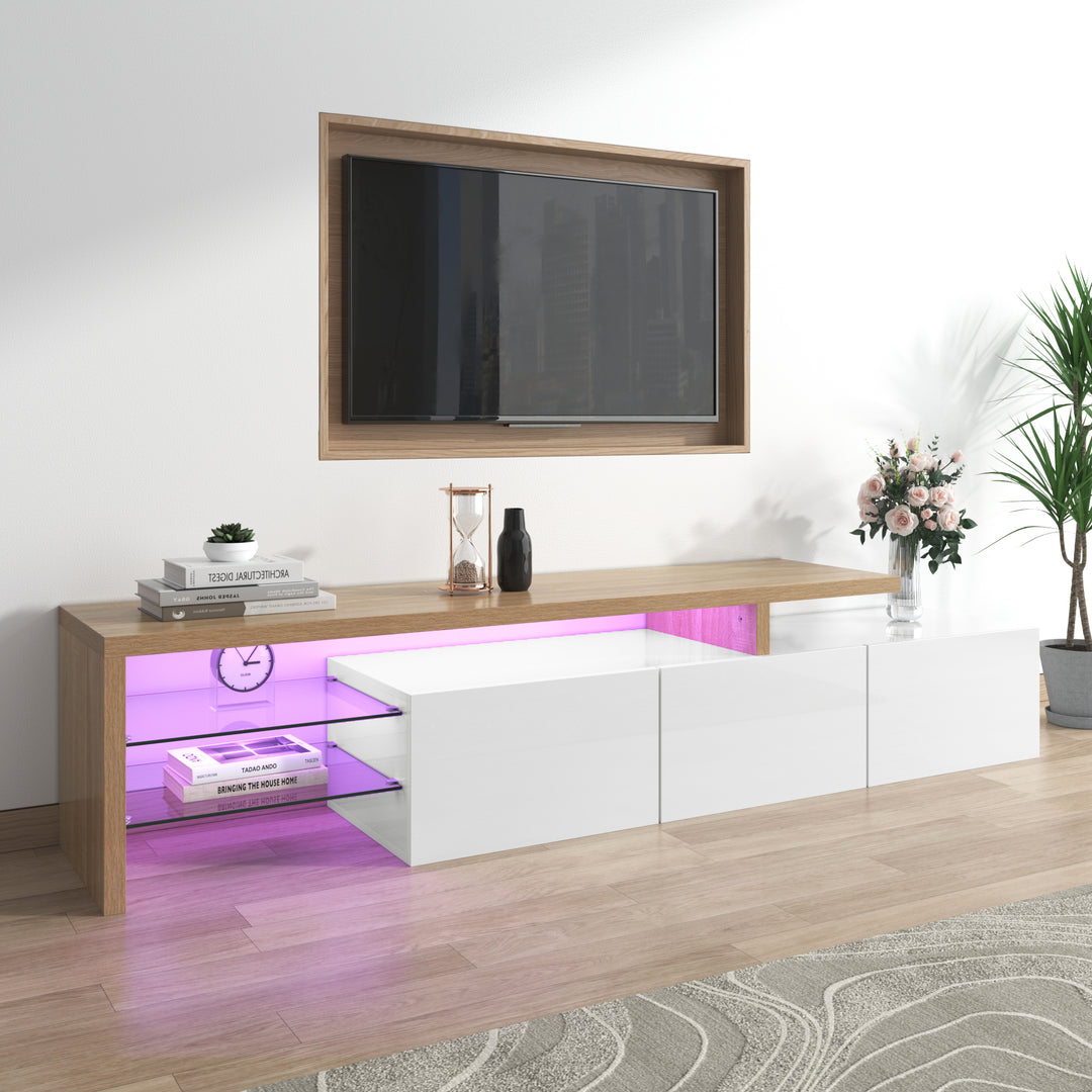 White modern LED TV stand with glass shelf & storage VROKEL UK