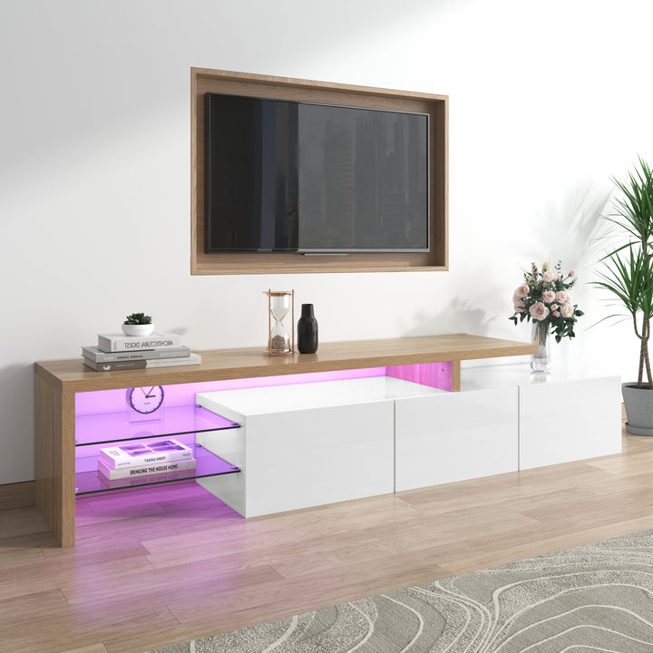 White modern LED TV stand with glass shelf & storage VROKEL UK