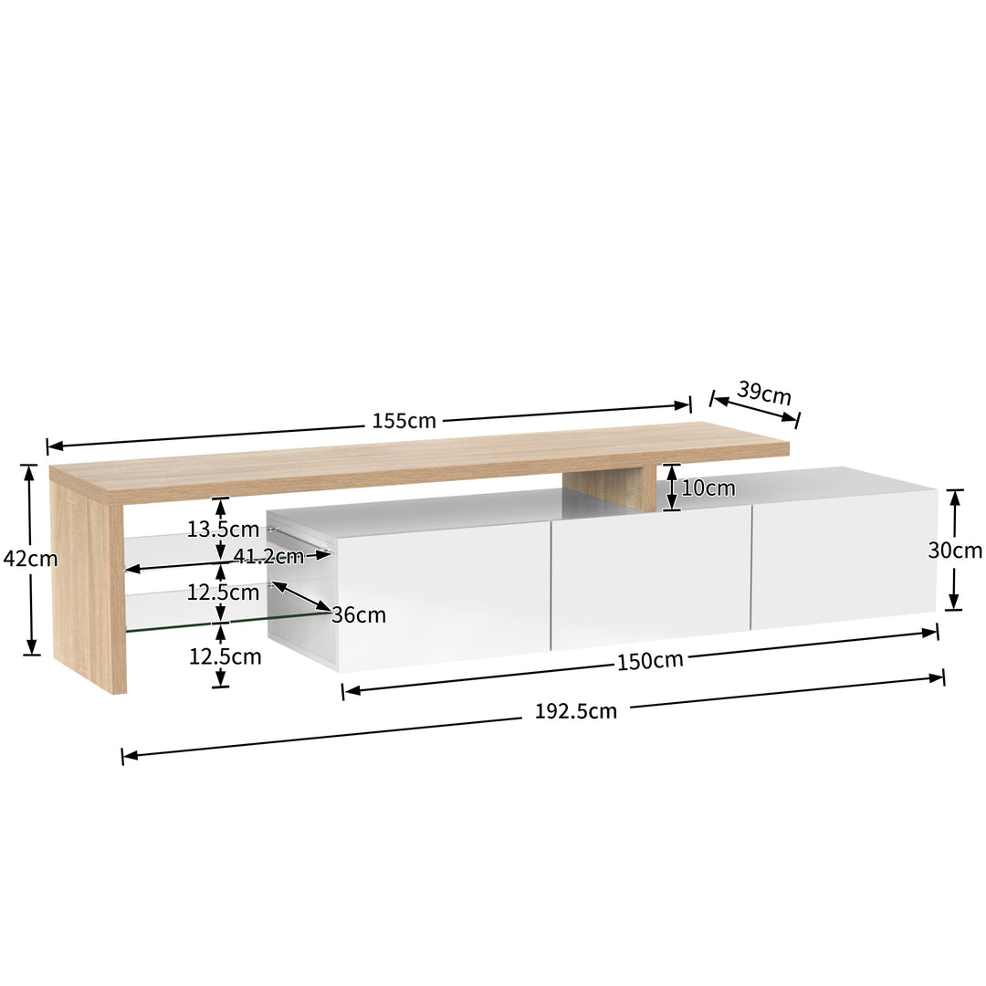 White modern LED TV stand with glass shelf & storage VROKEL UK