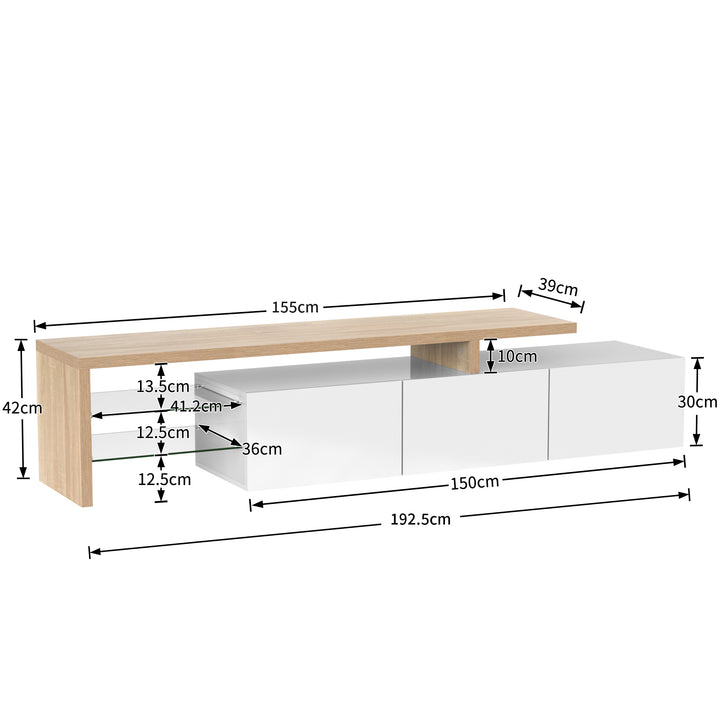 White modern LED TV stand with glass shelf & storage VROKEL UK