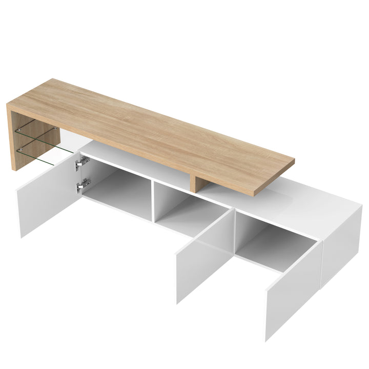 White modern LED TV stand with glass shelf & storage VROKEL UK
