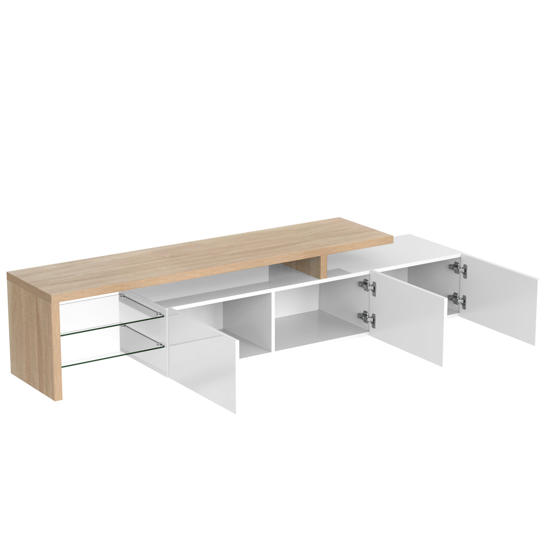White modern LED TV stand with glass shelf & storage VROKEL UK