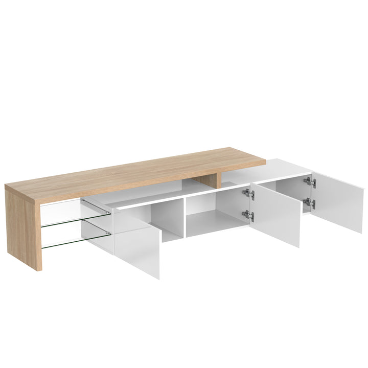 White modern LED TV stand with glass shelf & storage VROKEL UK