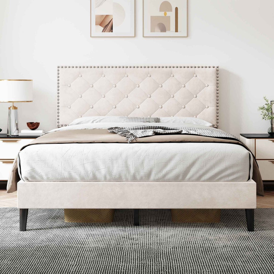 Upholstered velvet beige double bed frame VURRAEL BEIGE UK