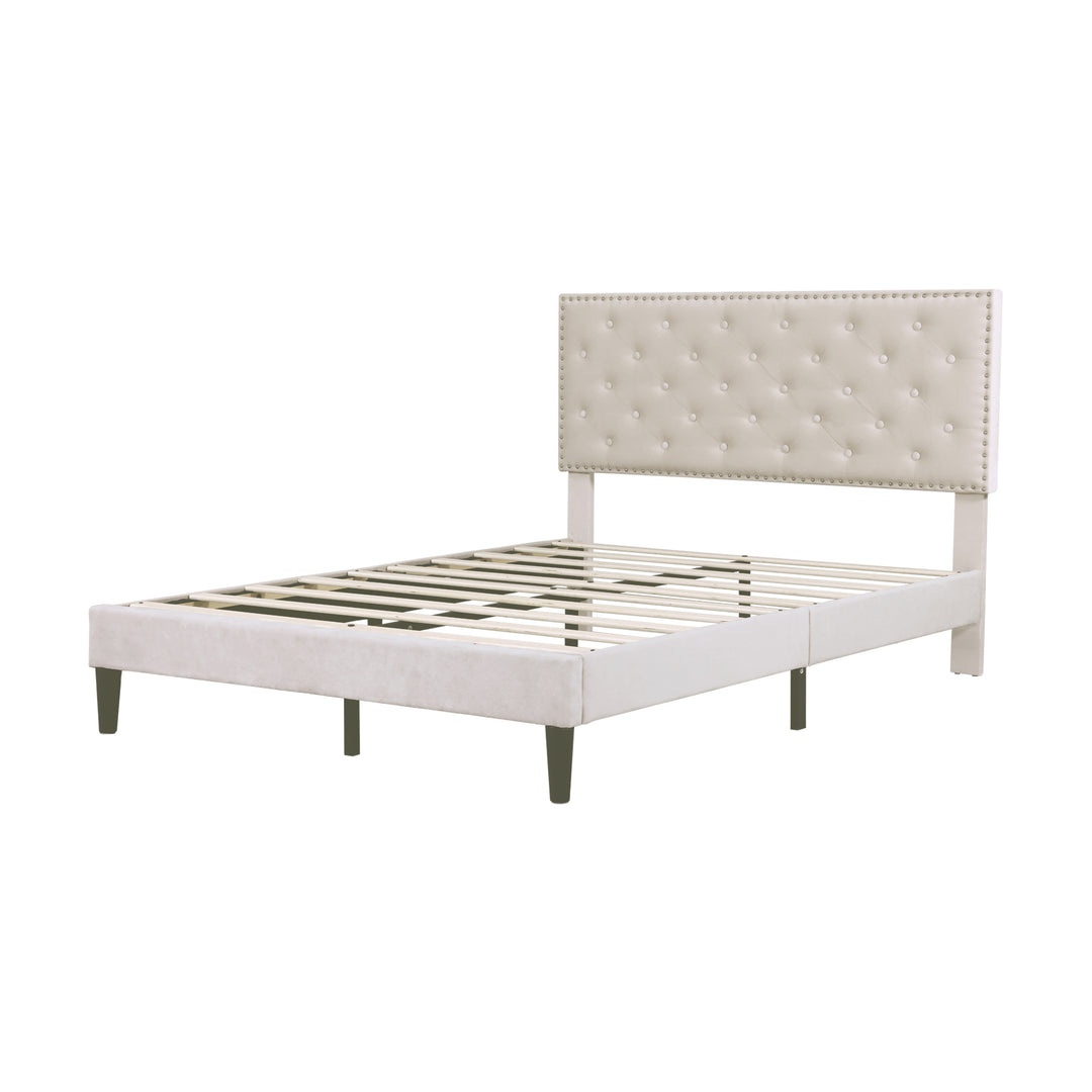 Upholstered velvet beige double bed frame VURRAEL BEIGE UK