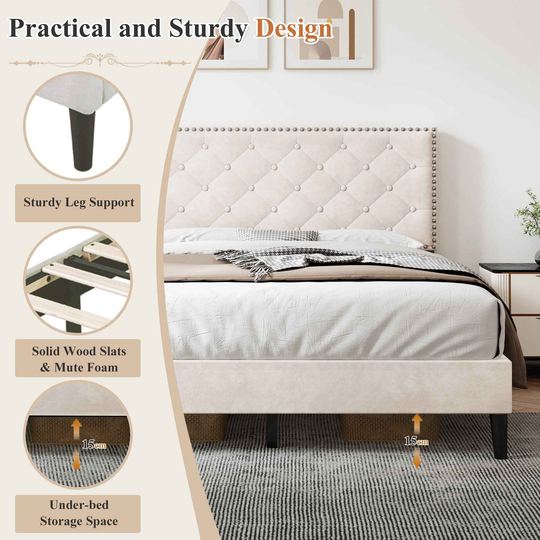 Upholstered velvet beige double bed frame VURRAEL BEIGE UK