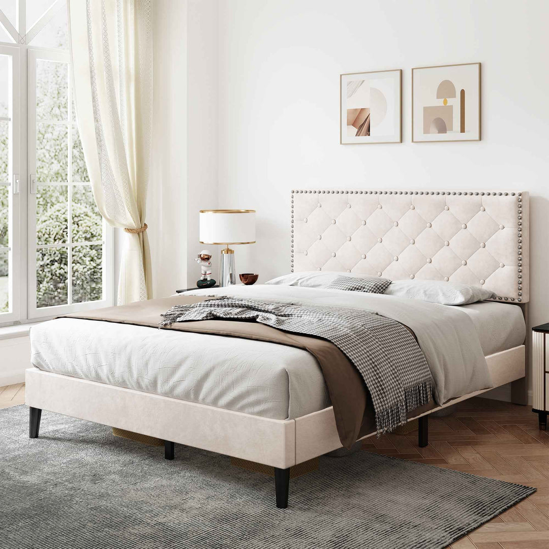 Upholstered velvet beige double bed frame VURRAEL BEIGE UK