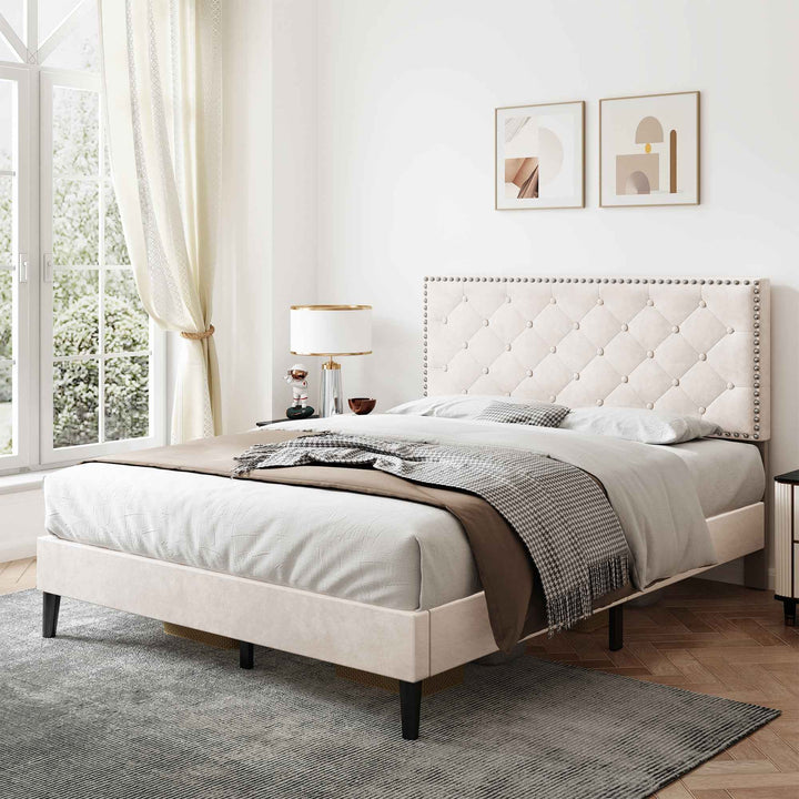 Upholstered velvet beige double bed frame VURRAEL BEIGE UK