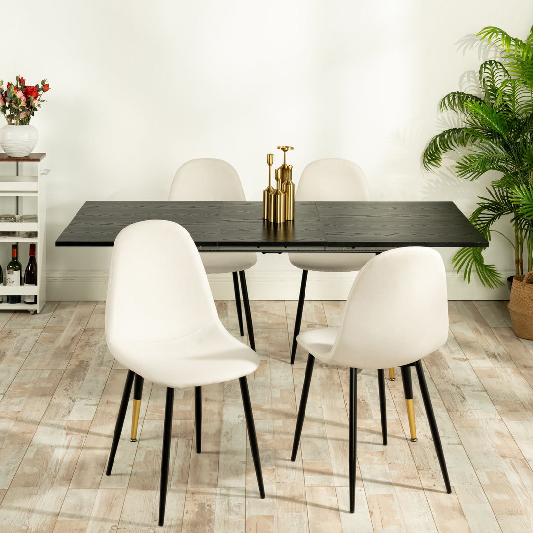 Dining set, rectangular black extensible dining table with 4 scandinavian dining chairs beige WHALEN DARK WOOD STRETCH TABLE BG A + CHARLTON FABRIC BEIGE BLACK LEG