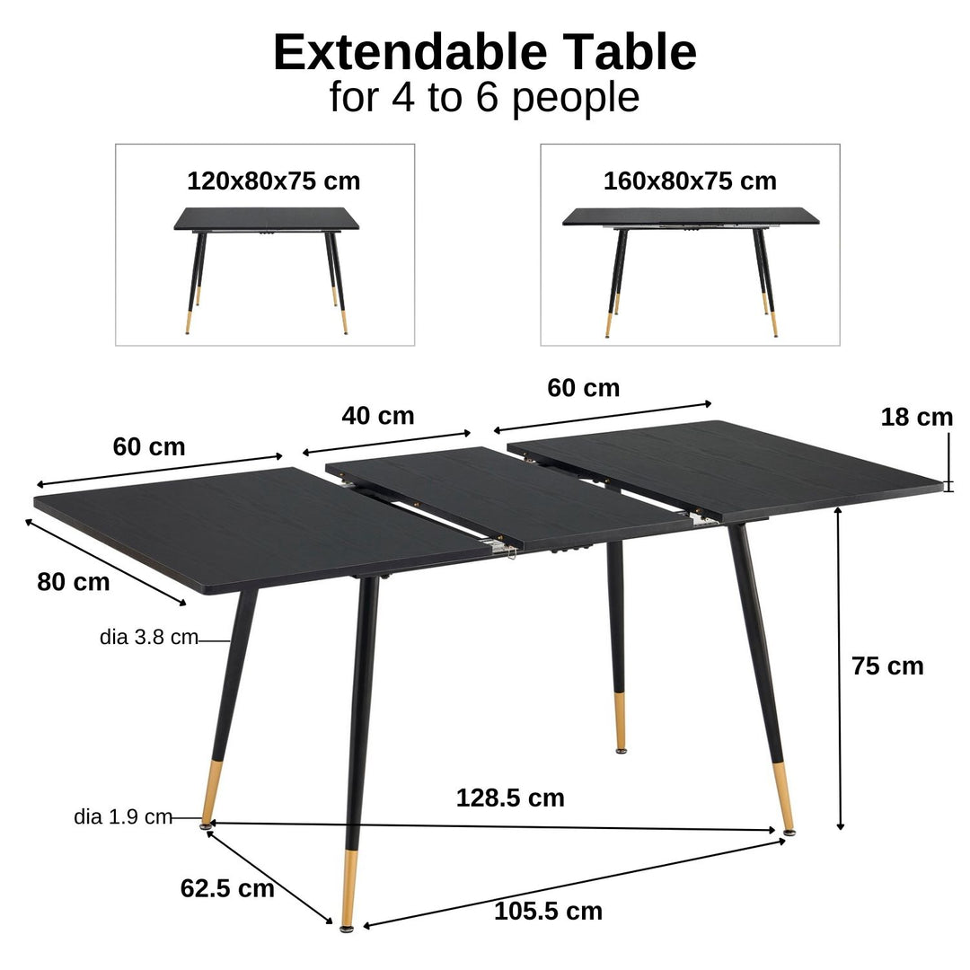 Dining set, rectangular black extensible dining table with 4 scandinavian dining chairs beige WHALEN DARK WOOD STRETCH TABLE BG A + CHARLTON FABRIC BEIGE BLACK LEG