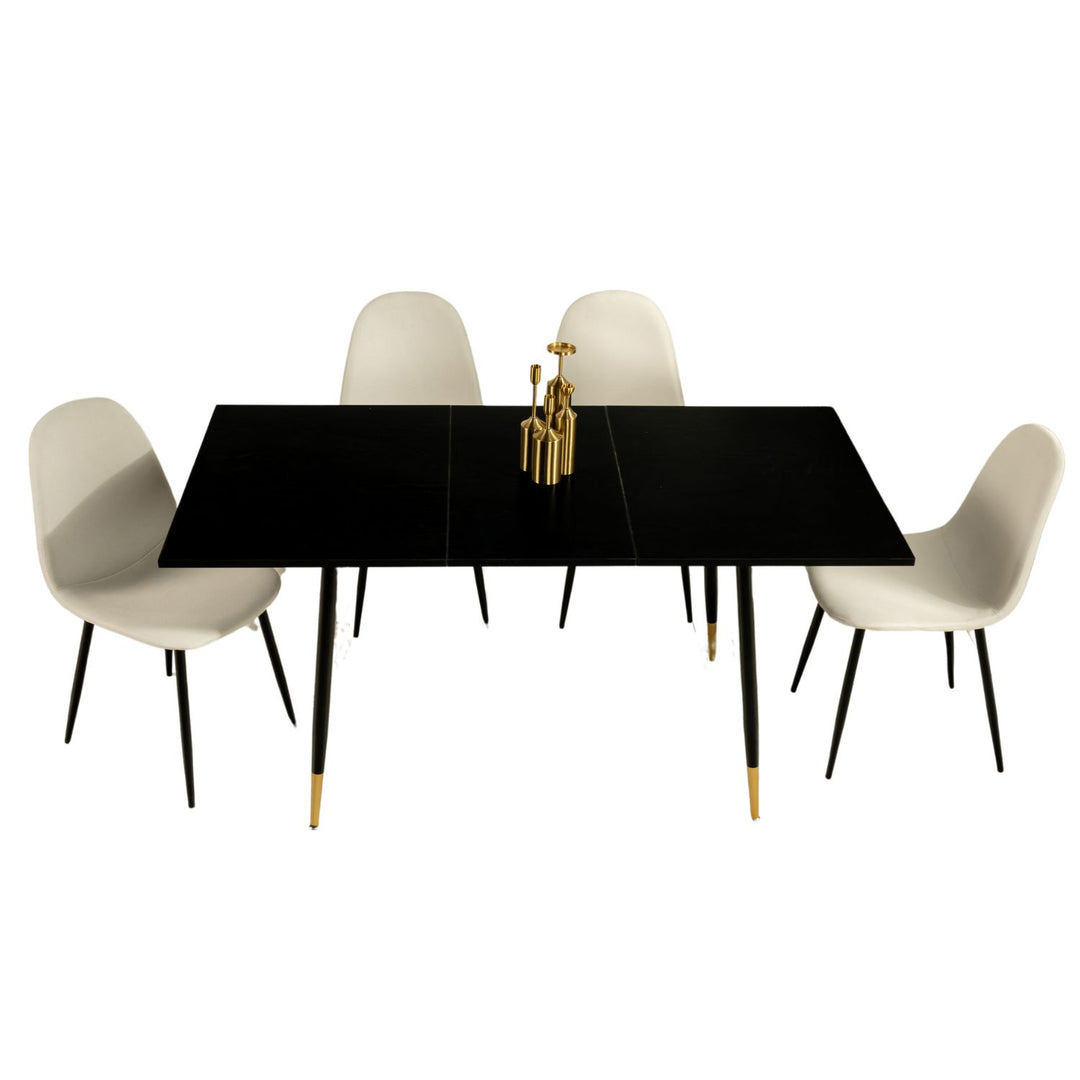 Dining set, rectangular black extensible dining table with 4 scandinavian dining chairs beige WHALEN DARK WOOD STRETCH TABLE BG A + CHARLTON FABRIC BEIGE BLACK LEG