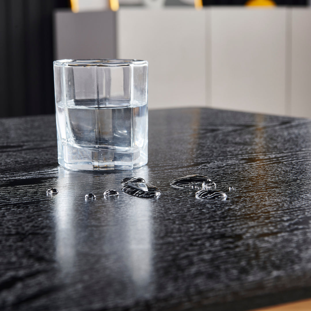 Rectangular extendable black dining room table with Scandinavian style wood effect gold dot feet 120-160 cm WHALEN DARK WOOD STRETCH TABLE BG