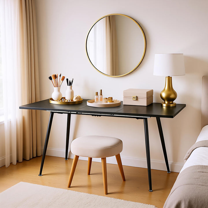 Rectangular extendable black dining room table with Scandinavian style wood effect gold dot feet 120-160 cm WHALEN DARK WOOD STRETCH TABLE BG