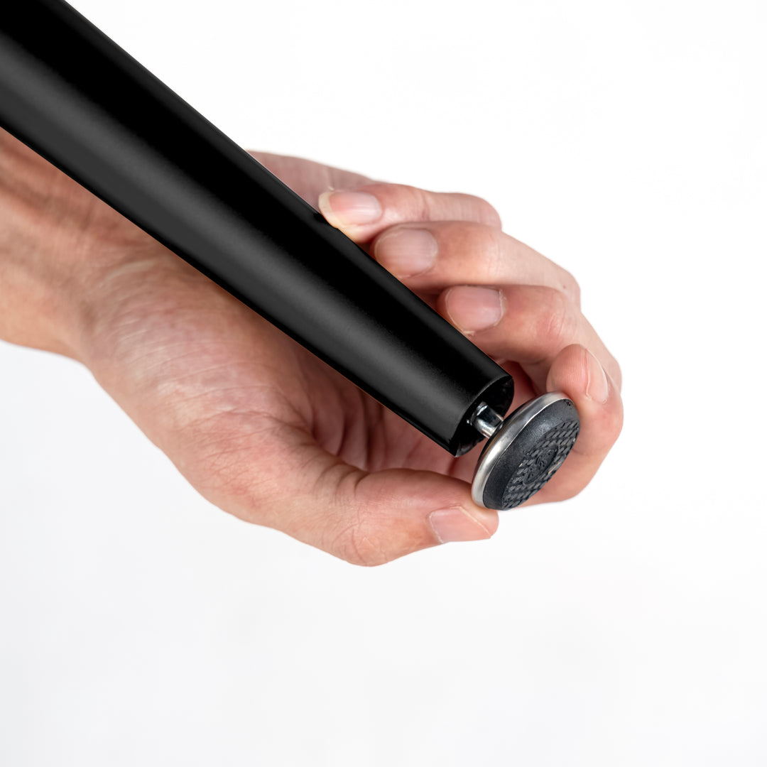 Rectangular extendable black dining room table with Scandinavian style wood effect gold dot feet 120-160 cm WHALEN DARK WOOD STRETCH TABLE BG