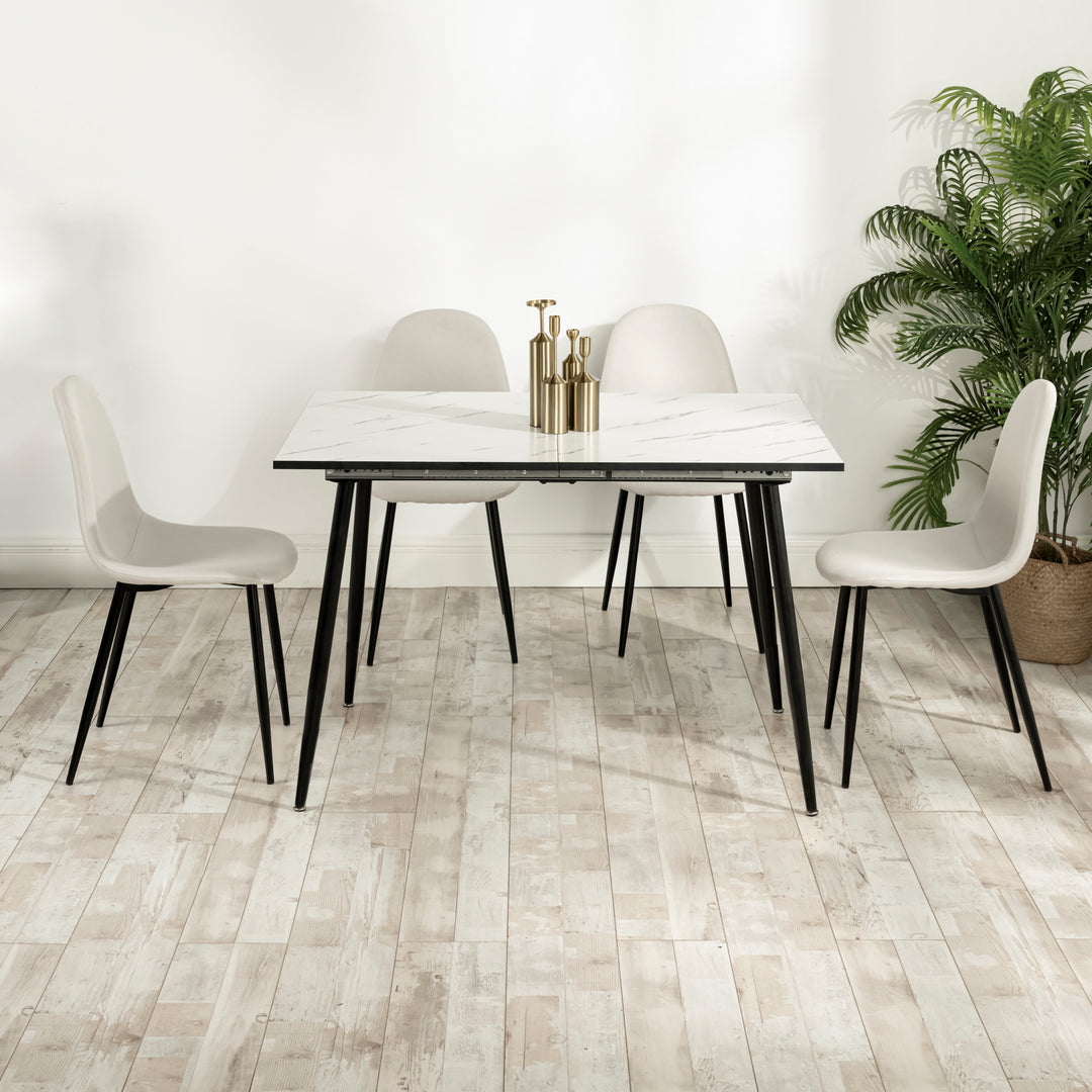 Rectangular extendable effect white marble dining table Scandinavian style gold dot feet 120-160 cm WHALEN WHITE MARBLE STRETCH TABLE BG