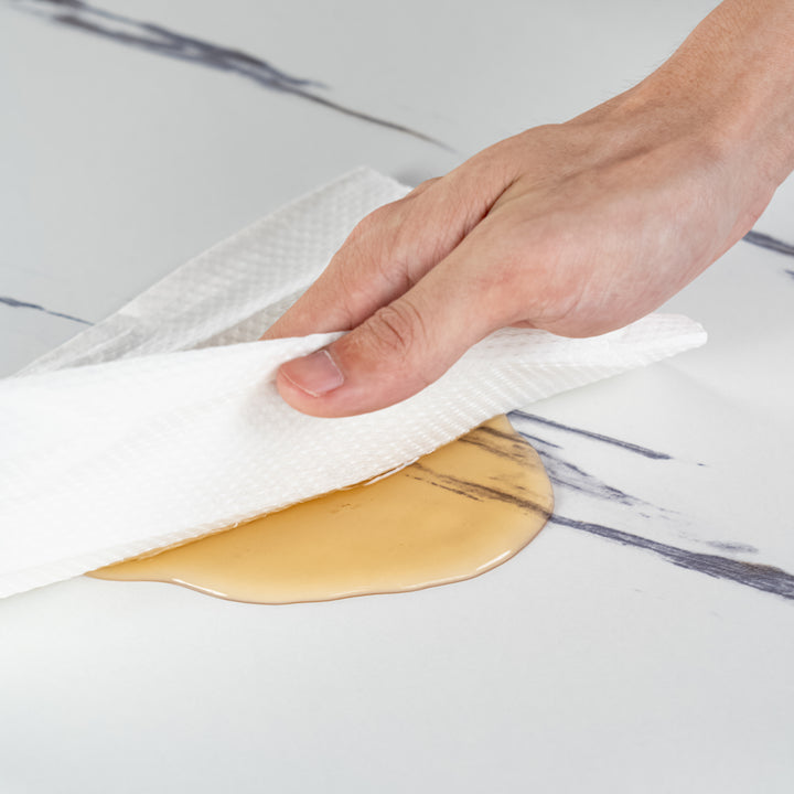 Rectangular extendable effect white marble dining table Scandinavian style gold dot feet 120-160 cm WHALEN WHITE MARBLE STRETCH TABLE BG