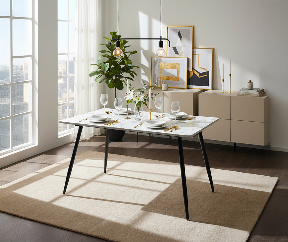 Scandinavian style rectangular white marble effect dining table 120x70cm WHALEN WHITE MARBLE TABLE 120 KD