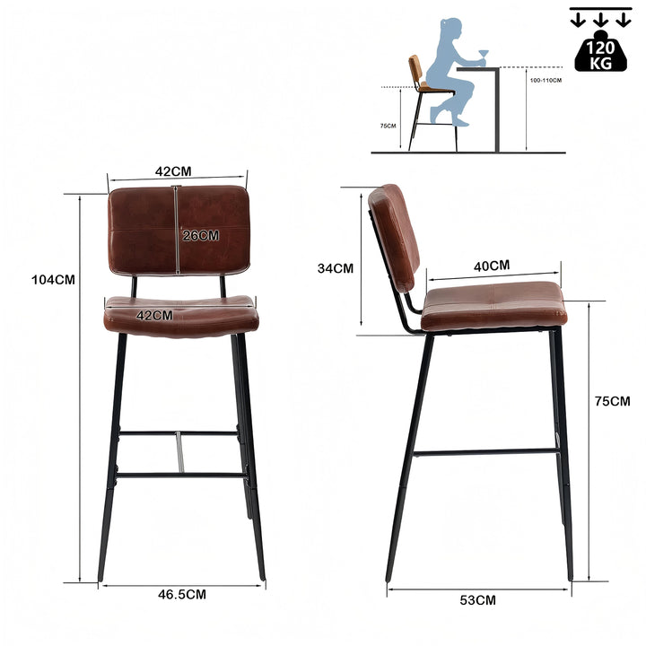 Set of 2 retro industrial brown oiled leather bar stools with footrest POMONA BAR 29 KD BROWN