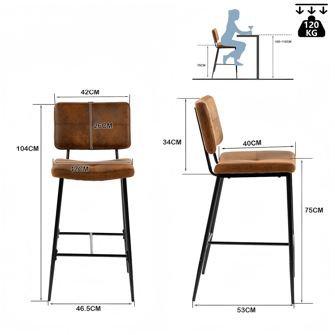 Set of 2 retro industrial suede bar stools POMONA BAR 29 KD SUEDE BROWN